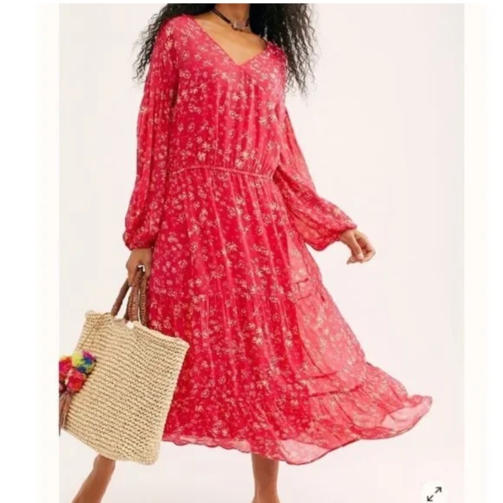 Free People Prairie Wallflower Raspberry Midi Boho Peasant Dress Size Large New
